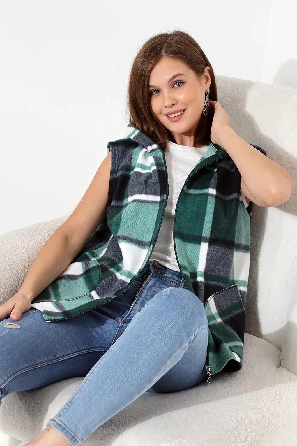 Plaid Hooded Fleece Vest