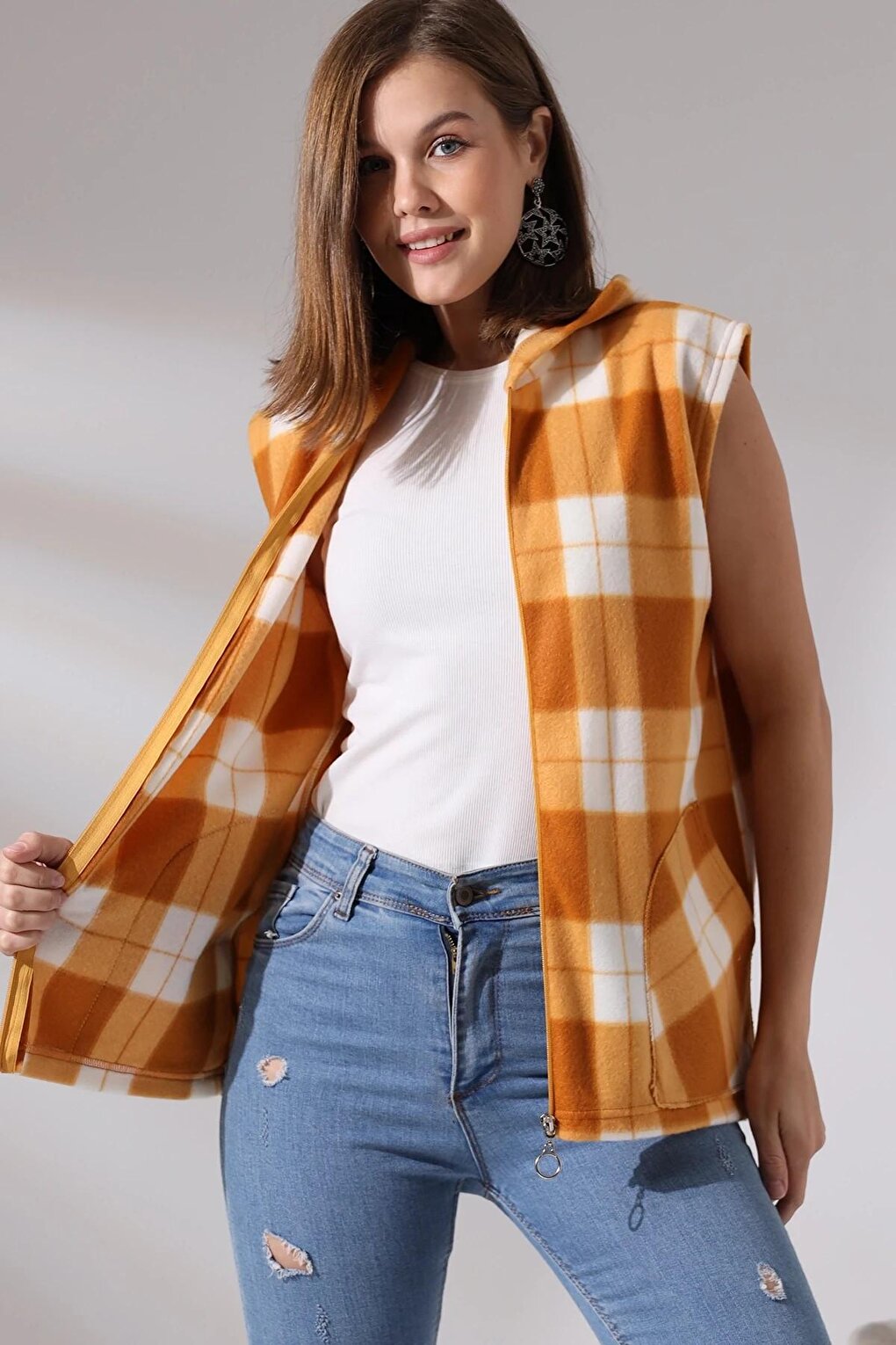 Plaid Hooded Fleece Vest