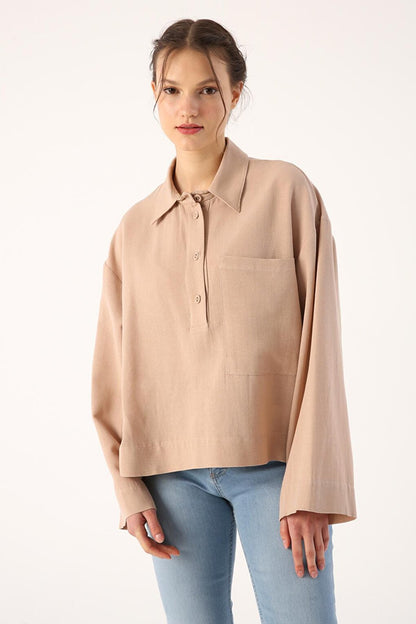 Dark Beige Linen Shirt with Large Pockets