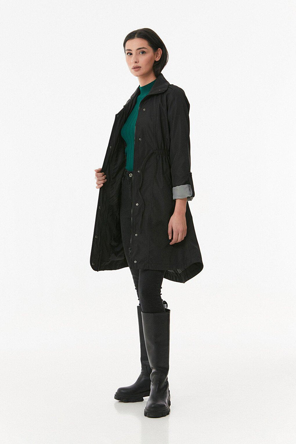 Trench Coat with Folded Sleeves and Elastic Waist