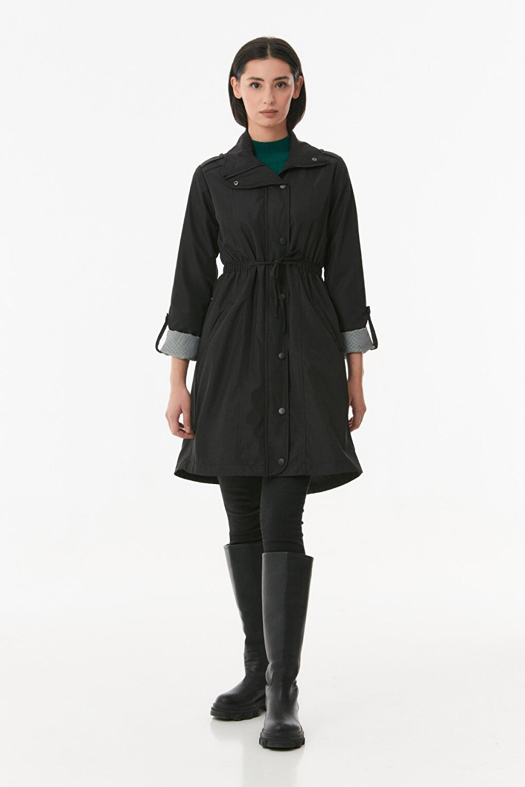 Trench Coat with Folded Sleeves and Elastic Waist