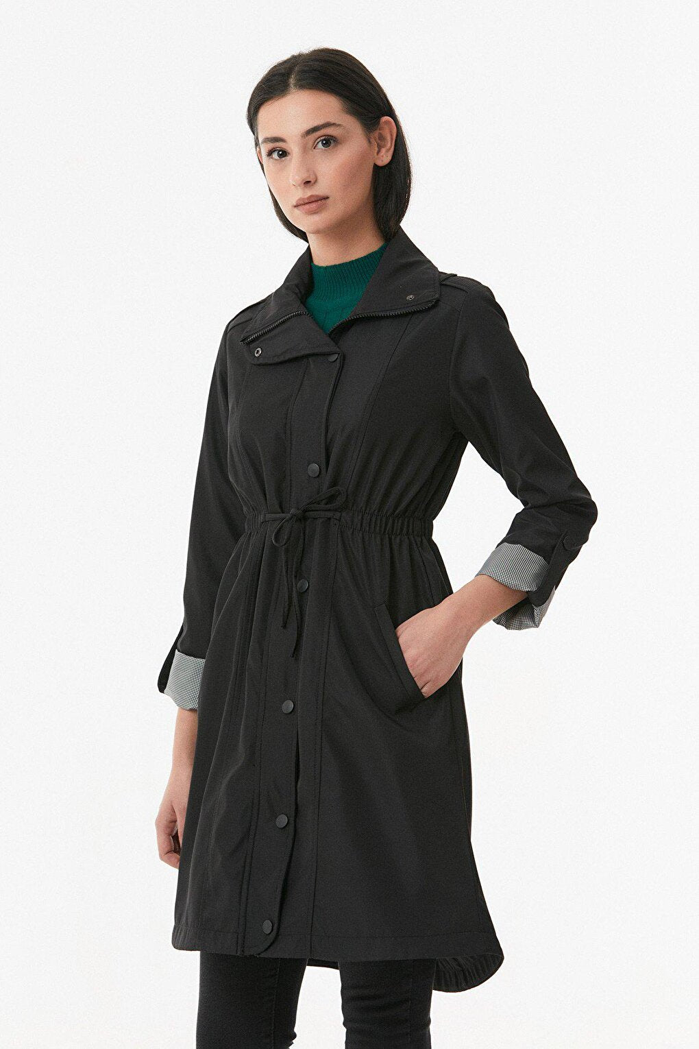 Trench Coat with Folded Sleeves and Elastic Waist