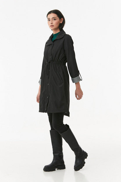 Trench Coat with Folded Sleeves and Elastic Waist