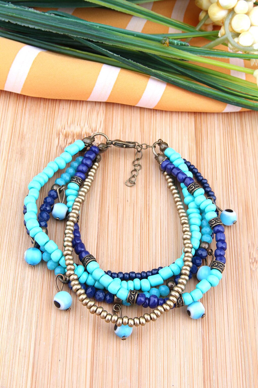 Ethnic Bohemian Bracelet with Blue Evil Eye Beads