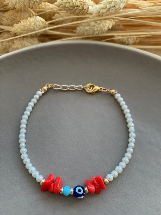 Coral Stone Evil Eye Beaded Pearl Bracelet