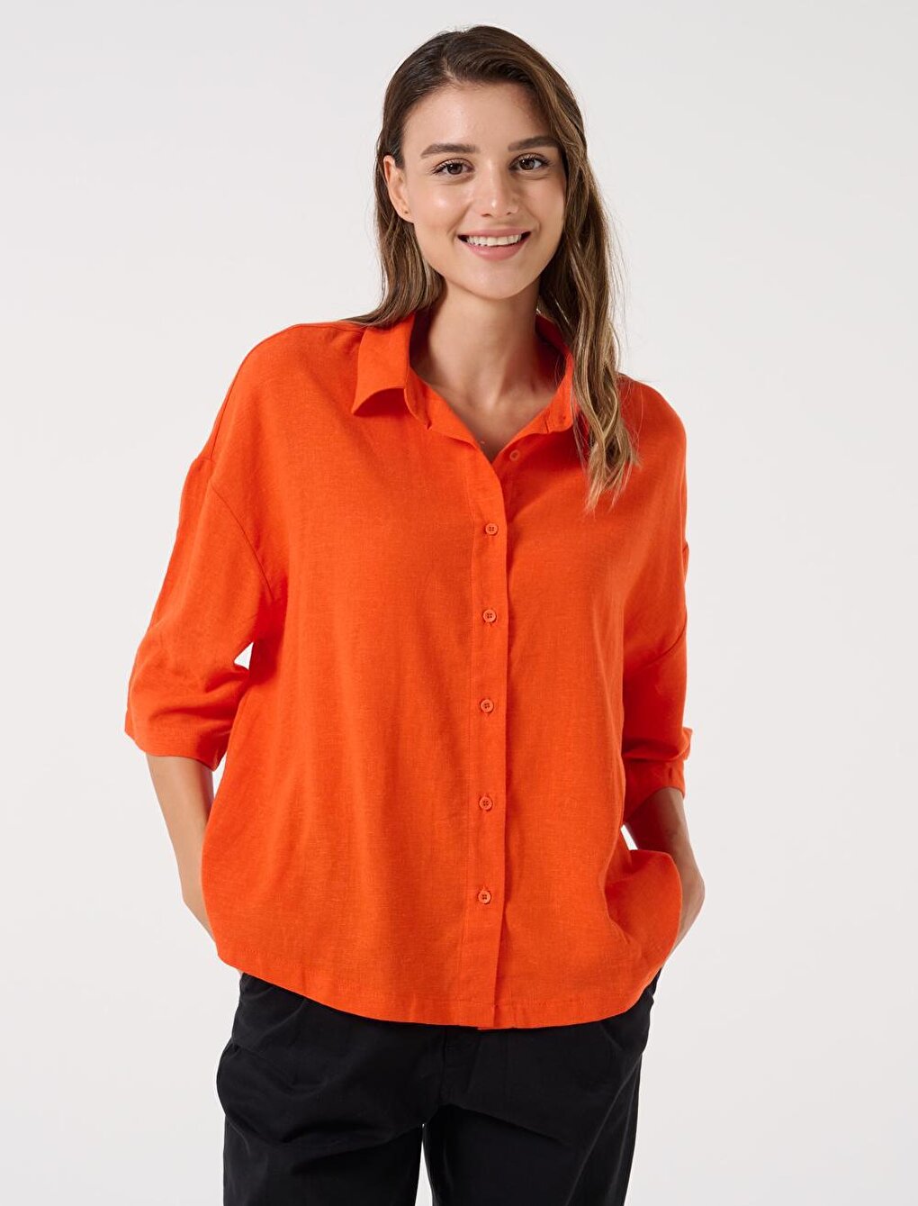 Orange Loose Cut Three Quarter Sleeve Linen Shirt