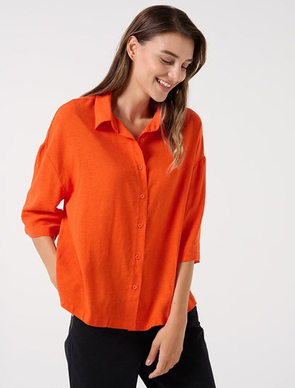 Orange Loose Cut Three Quarter Sleeve Linen Shirt