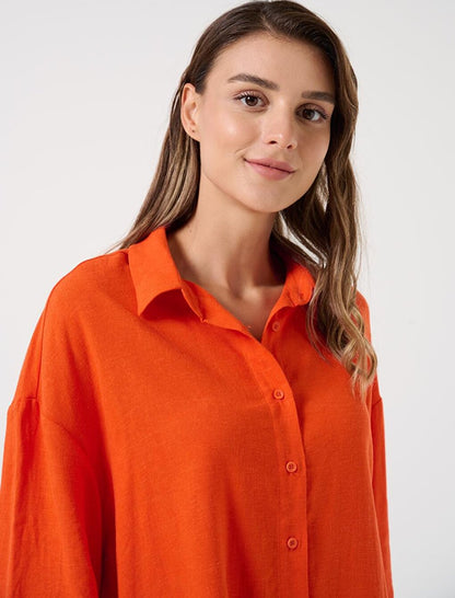 Orange Loose Cut Three Quarter Sleeve Linen Shirt