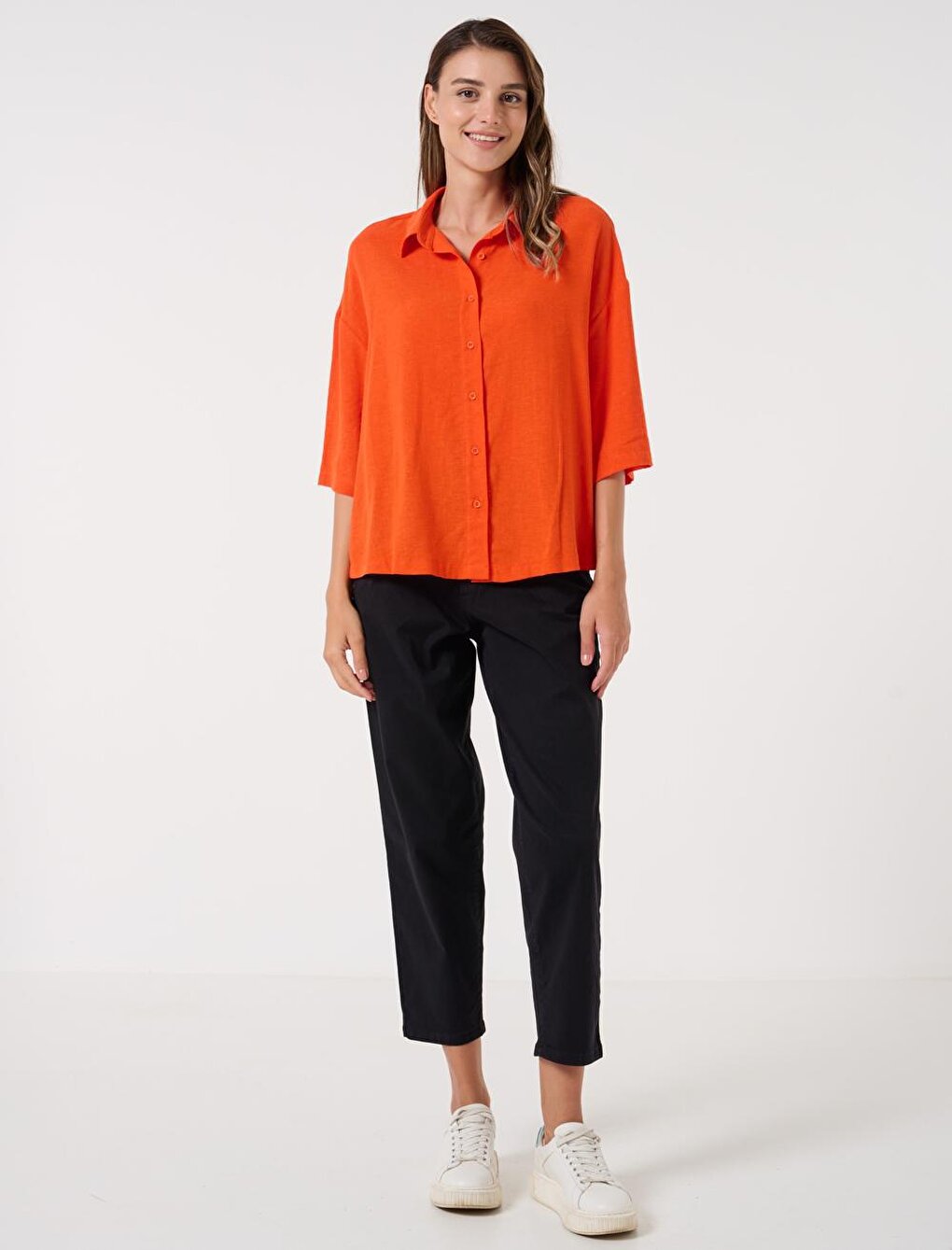 Orange Loose Cut Three Quarter Sleeve Linen Shirt