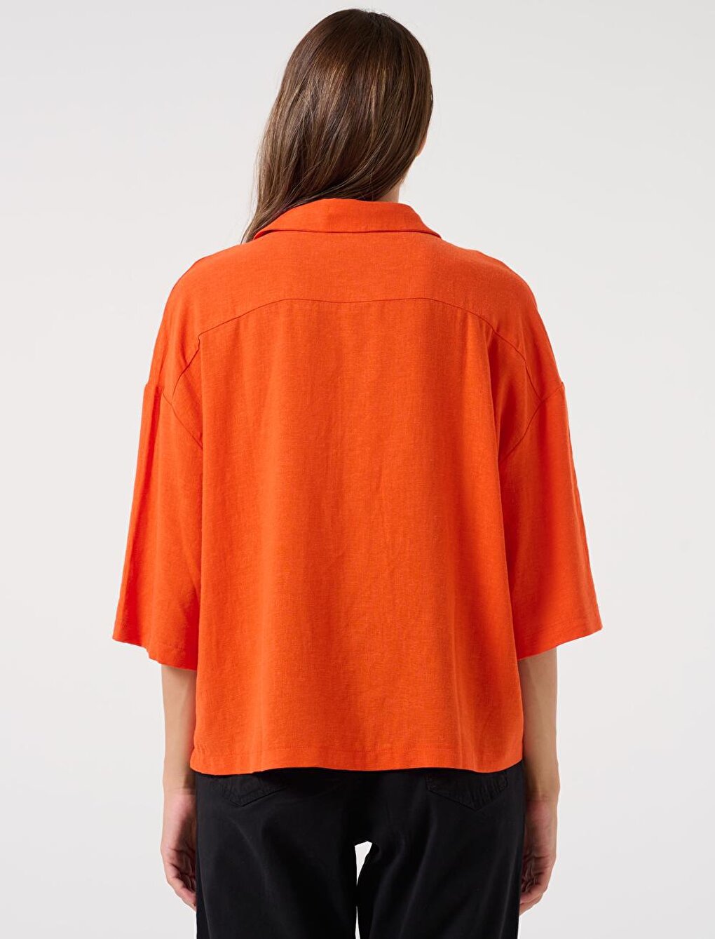 Orange Loose Cut Three Quarter Sleeve Linen Shirt