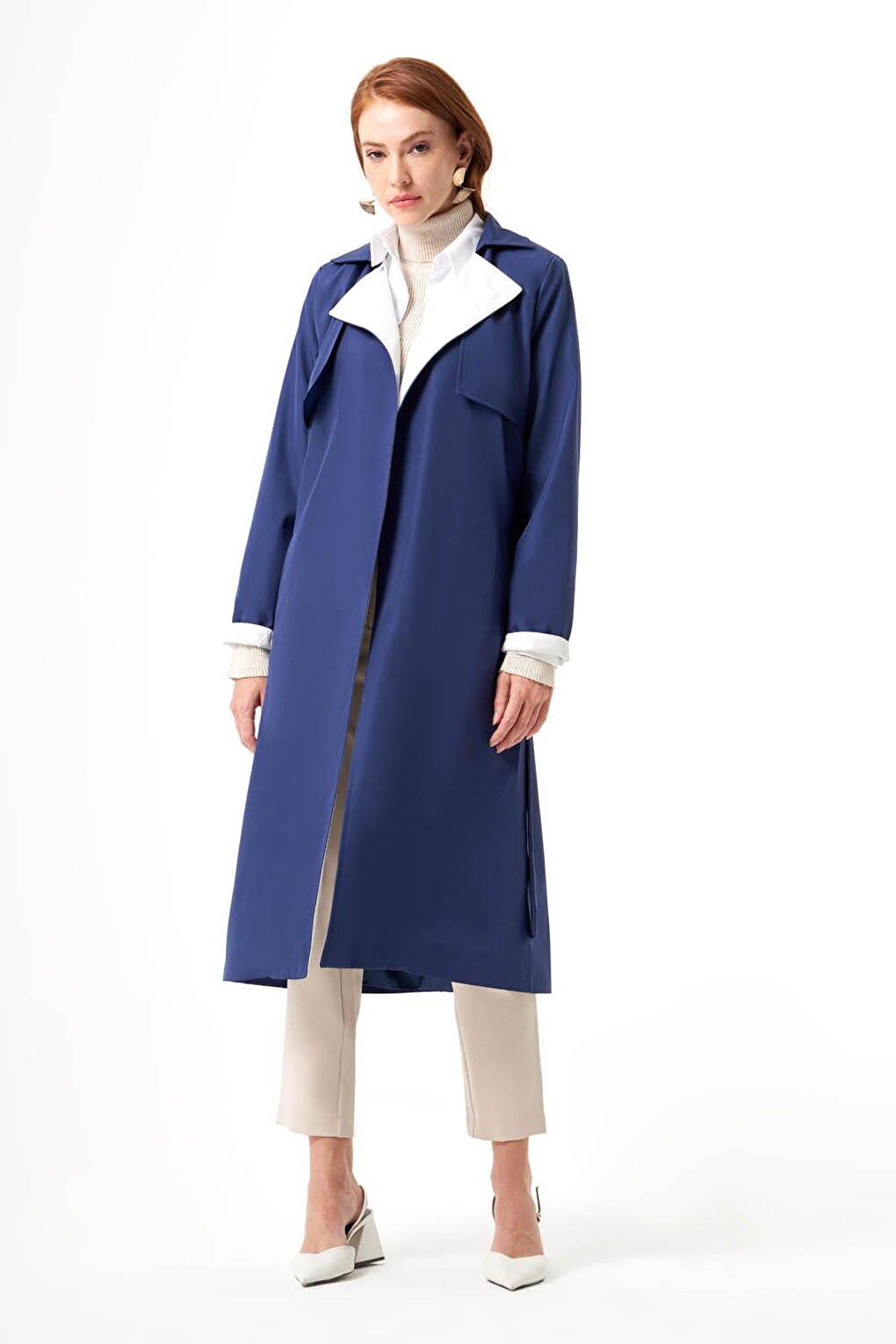 Indigo-Stone Trench Coat with Collar Garnish