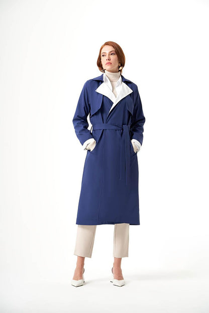 Indigo-Stone Trench Coat with Collar Garnish