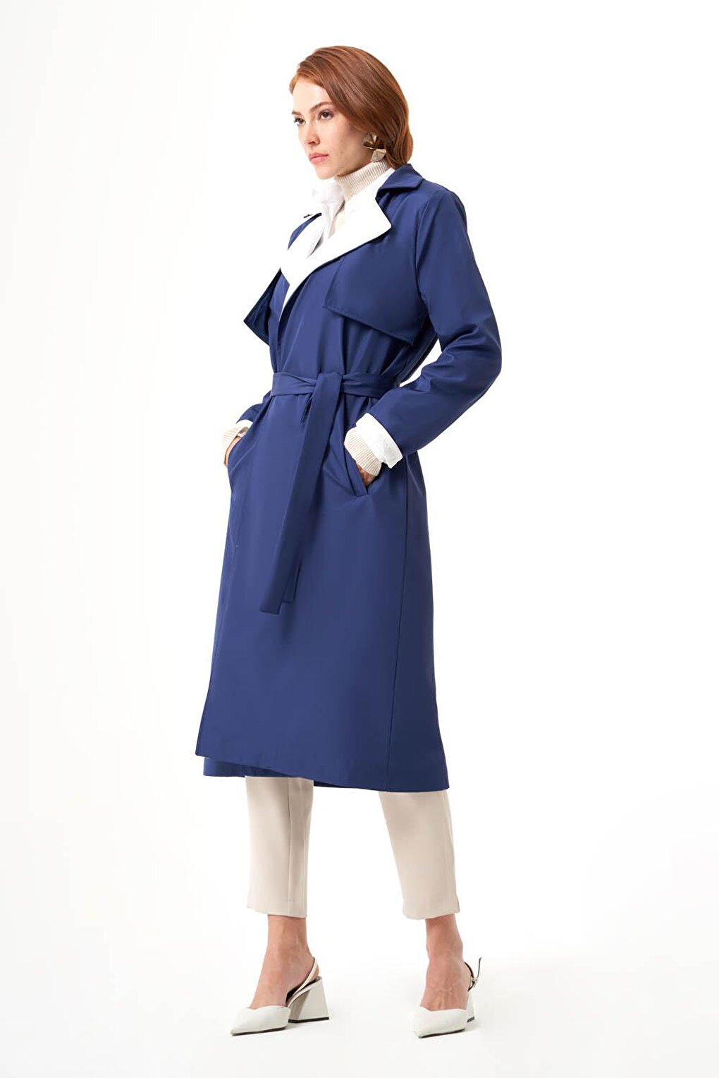 Indigo-Stone Trench Coat with Collar Garnish