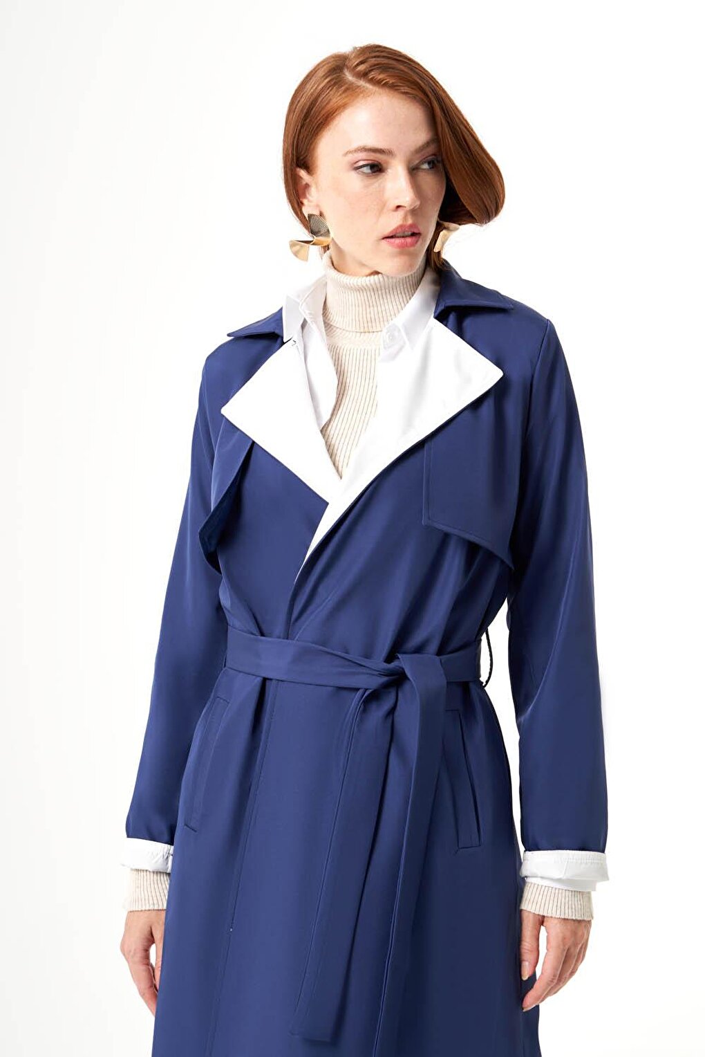 Indigo-Stone Trench Coat with Collar Garnish