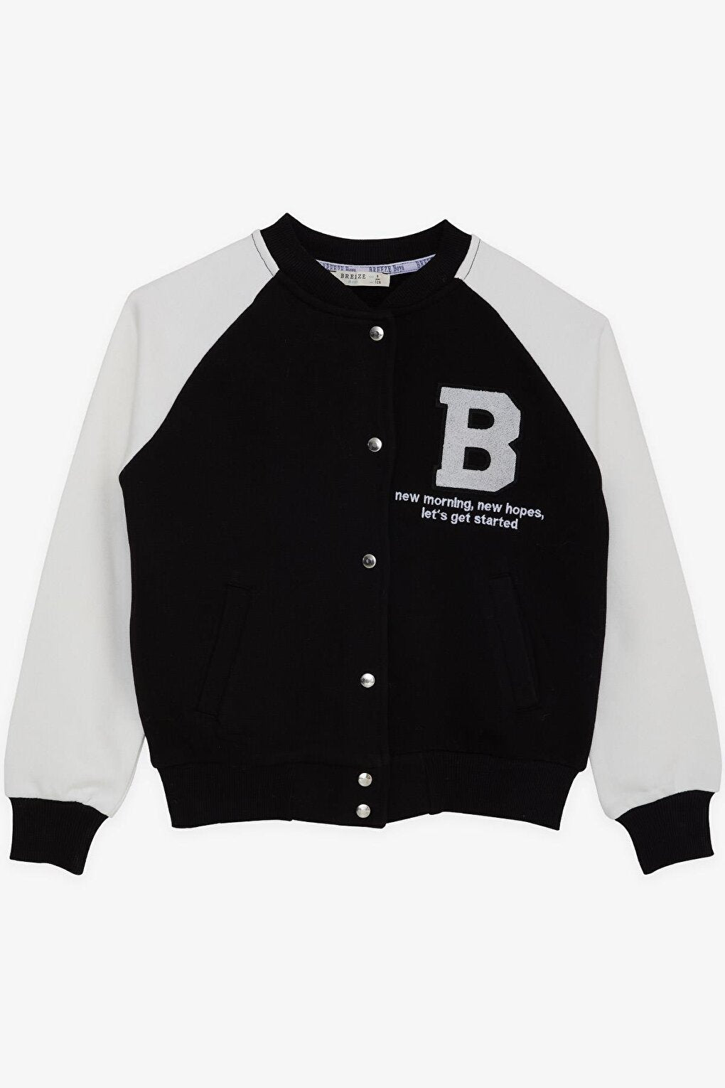 Boy's College Jacket Letter Embroidered Snap Fastener Black (Ages 8-14)