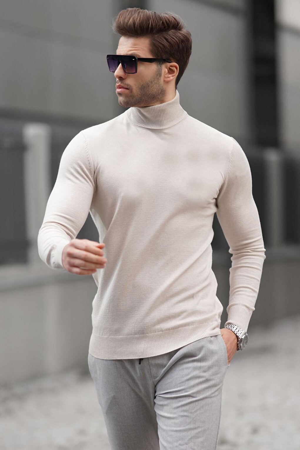 Stone Color Turtleneck Men's Knitwear Sweater 6809