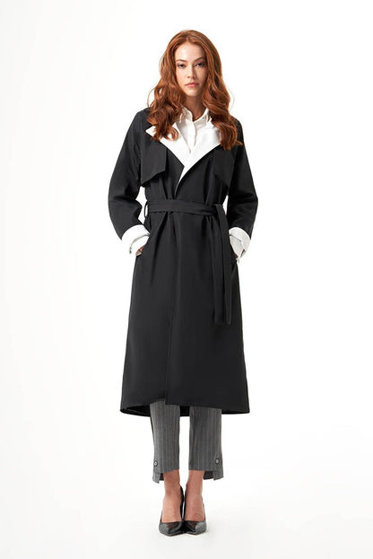 Black-Stone Trench Coat with Collar Garnish