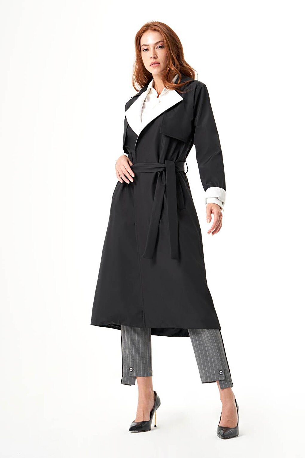 Black-Stone Trench Coat with Collar Garnish