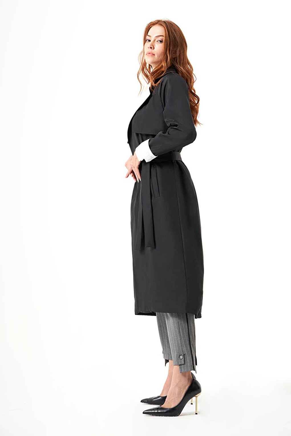 Black-Stone Trench Coat with Collar Garnish