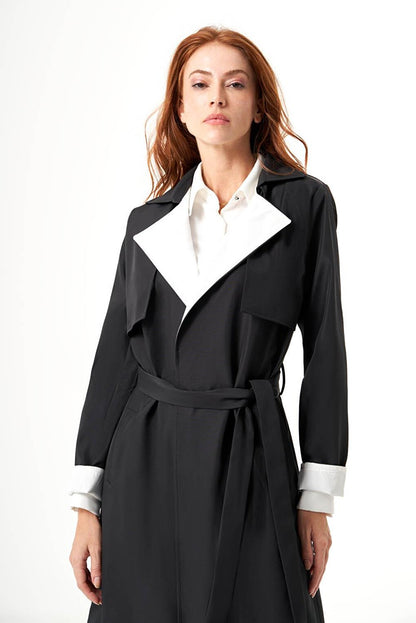 Black-Stone Trench Coat with Collar Garnish