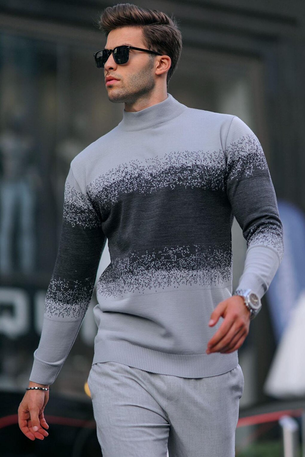 Gray Turtleneck Patterned Sweater 6845