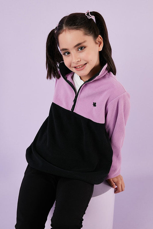 Soft Textured Half Zipper Color Block Stand Collar Fleece 5905004