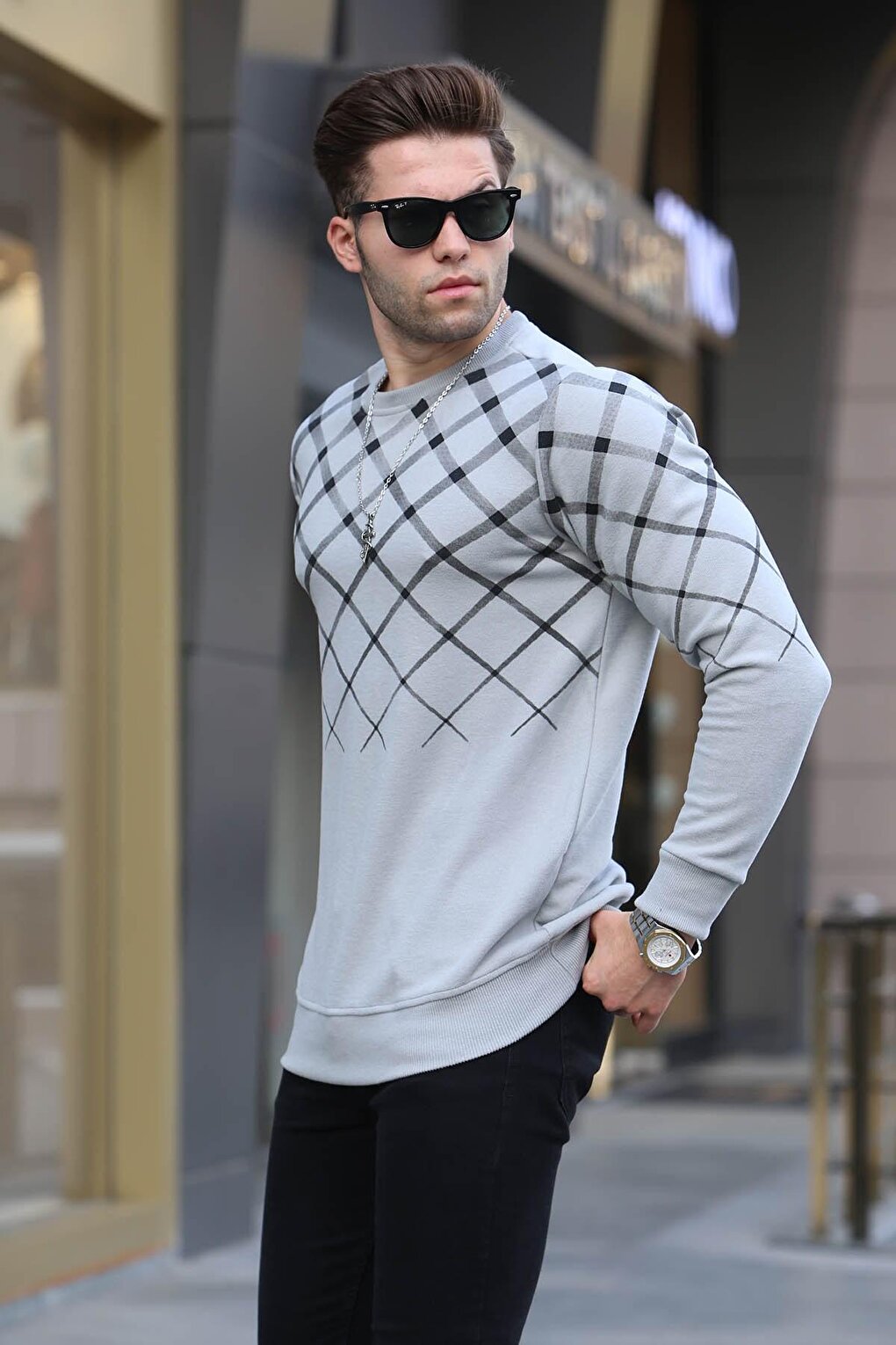 Dyed Gray Patterned Crew Neck Knitwear Sweater 6019