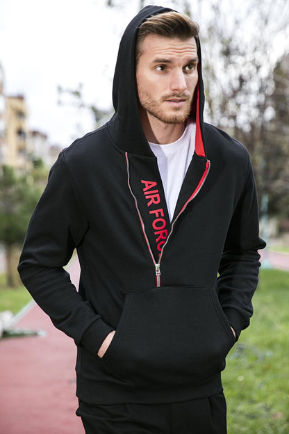 Kangaroo Pocket Zippered Hooded Collar Slim Fit Sweatshirt 575707