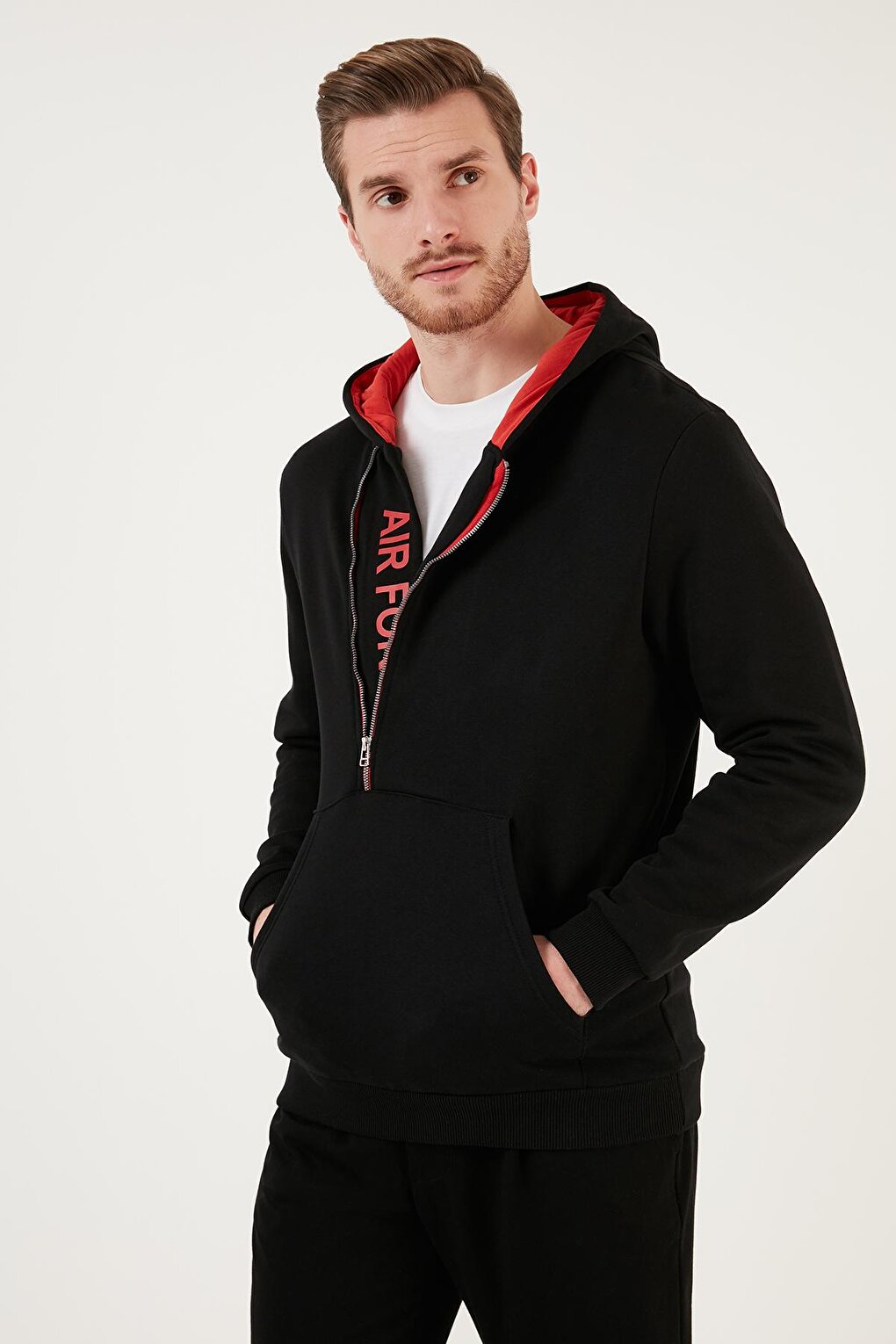 Kangaroo Pocket Zippered Hooded Collar Slim Fit Sweatshirt 575707