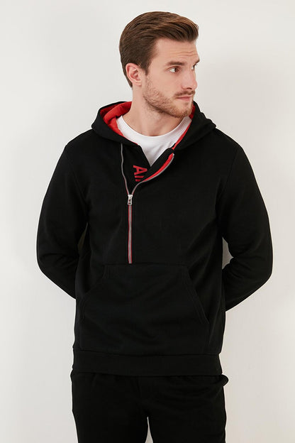 Kangaroo Pocket Zippered Hooded Collar Slim Fit Sweatshirt 575707