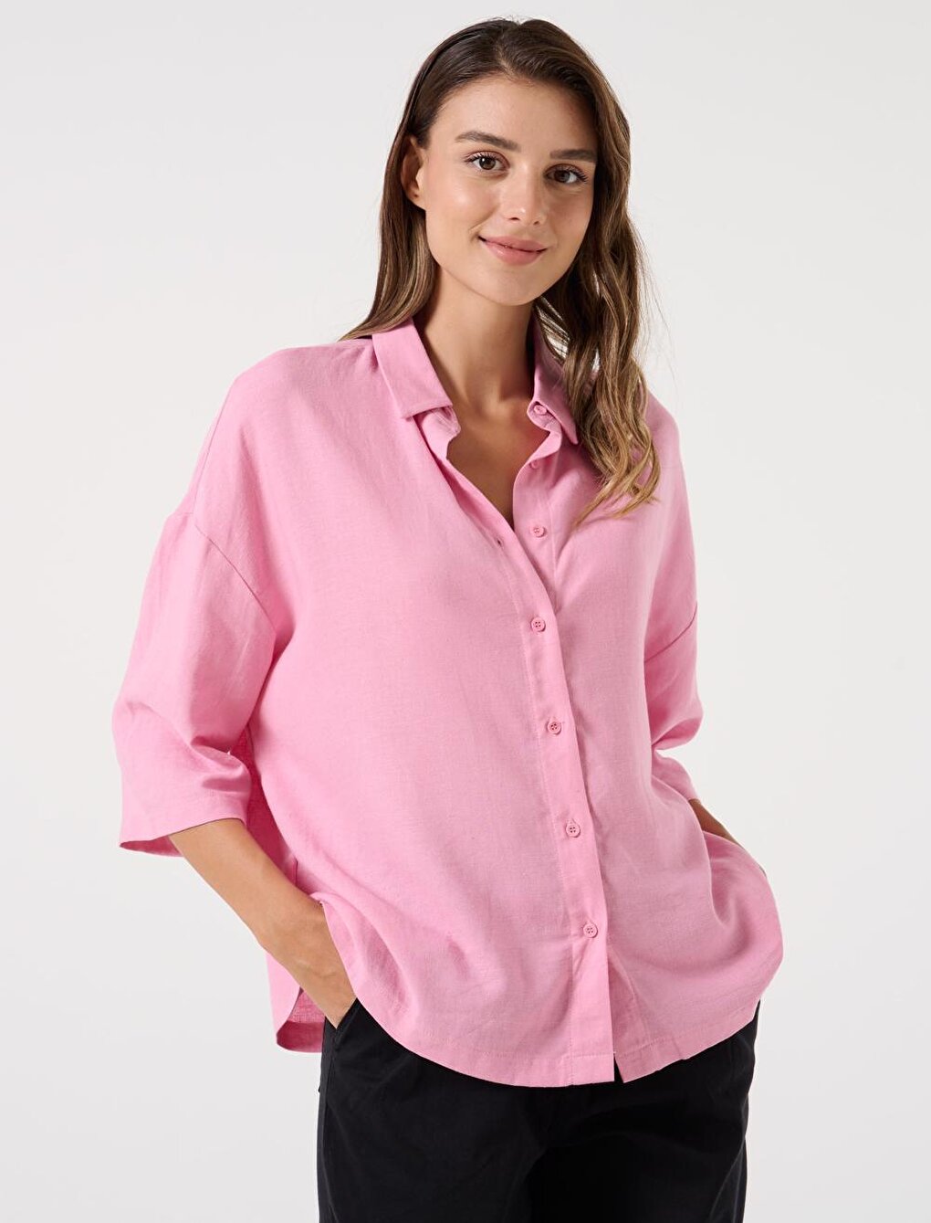 Light Pink Loose Cut Three Quarter Sleeve Linen Shirt