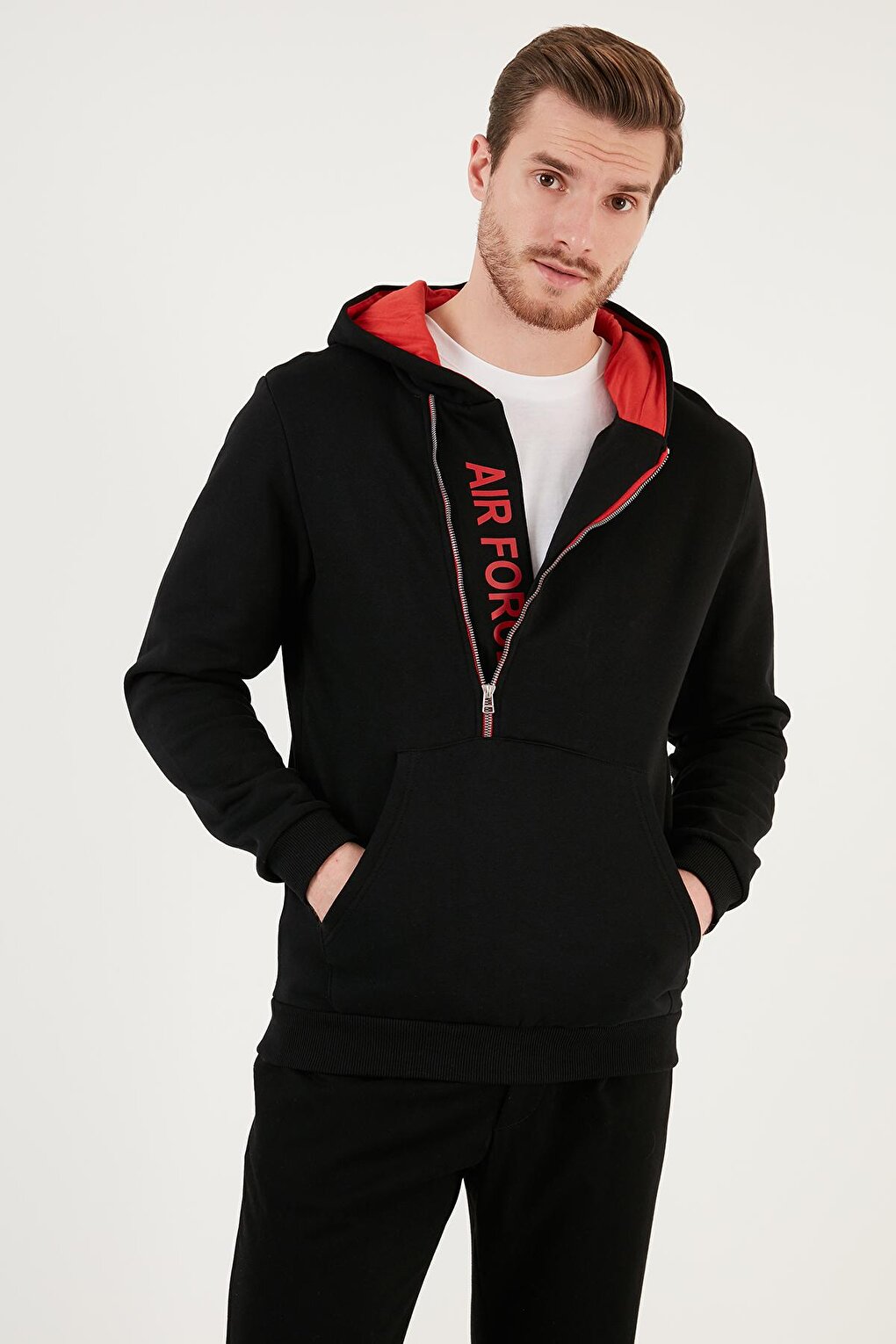 Kangaroo Pocket Zippered Hooded Collar Slim Fit Sweatshirt 575707