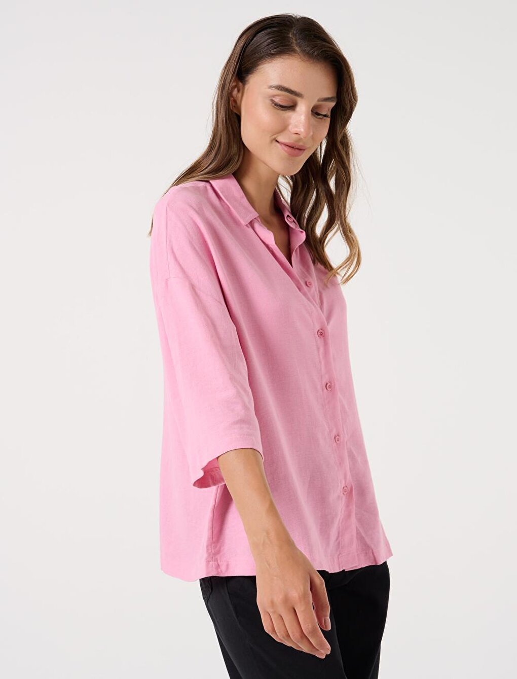 Light Pink Loose Cut Three Quarter Sleeve Linen Shirt