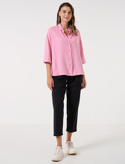 Light Pink Loose Cut Three Quarter Sleeve Linen Shirt