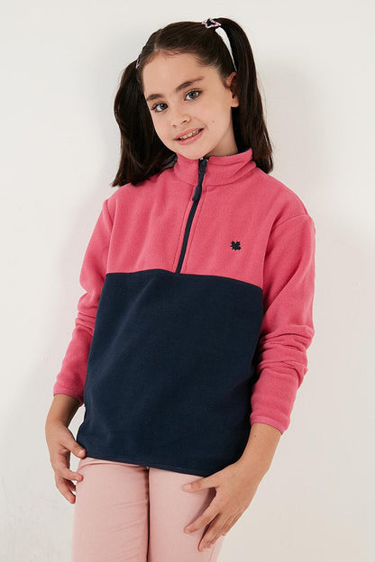 Soft Textured Half Zipper Color Block Stand Collar Fleece 5905004