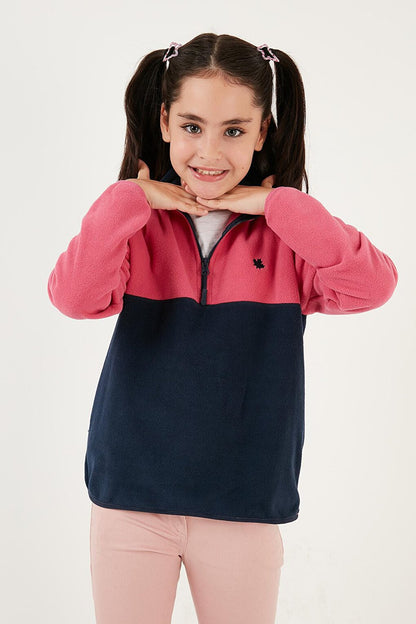 Soft Textured Half Zipper Color Block Stand Collar Fleece 5905004