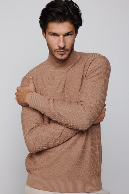 Slim Fit Narrow Cut Half Turtleneck Patterned Beige Men's Knitwear Sweater