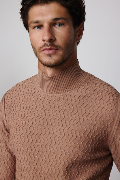 Slim Fit Narrow Cut Half Turtleneck Patterned Beige Men's Knitwear Sweater