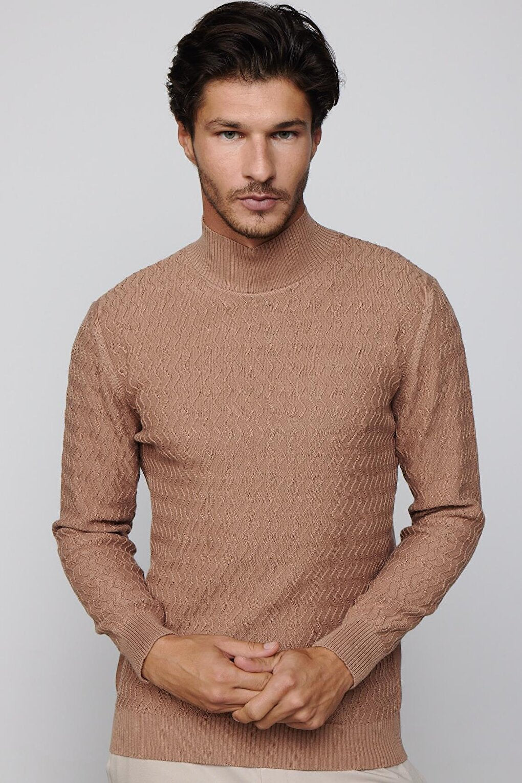 Slim Fit Narrow Cut Half Turtleneck Patterned Beige Men's Knitwear Sweater