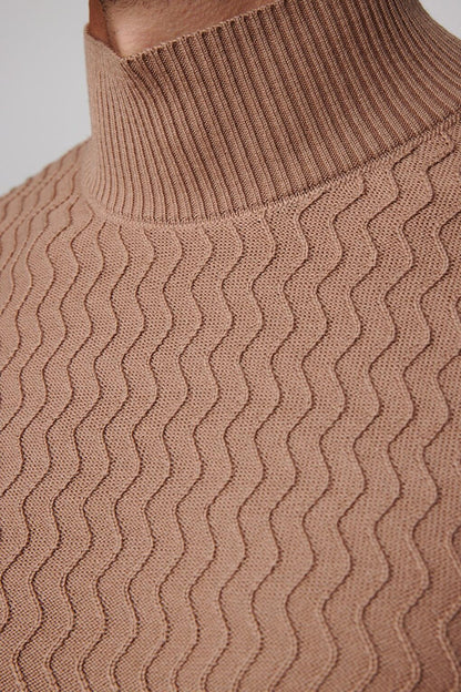 Slim Fit Narrow Cut Half Turtleneck Patterned Beige Men's Knitwear Sweater