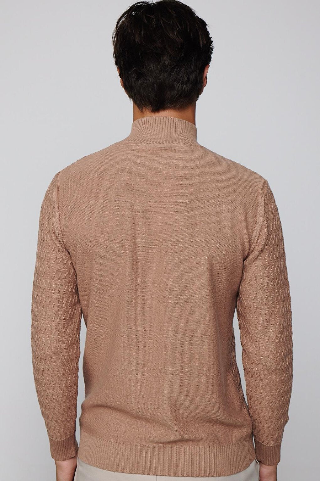 Slim Fit Narrow Cut Half Turtleneck Patterned Beige Men's Knitwear Sweater