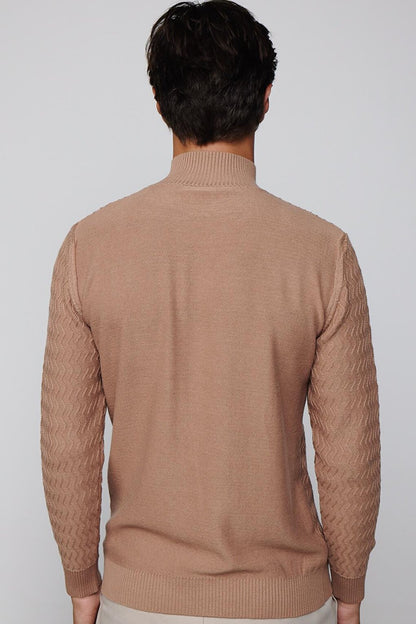 Slim Fit Narrow Cut Half Turtleneck Patterned Beige Men's Knitwear Sweater