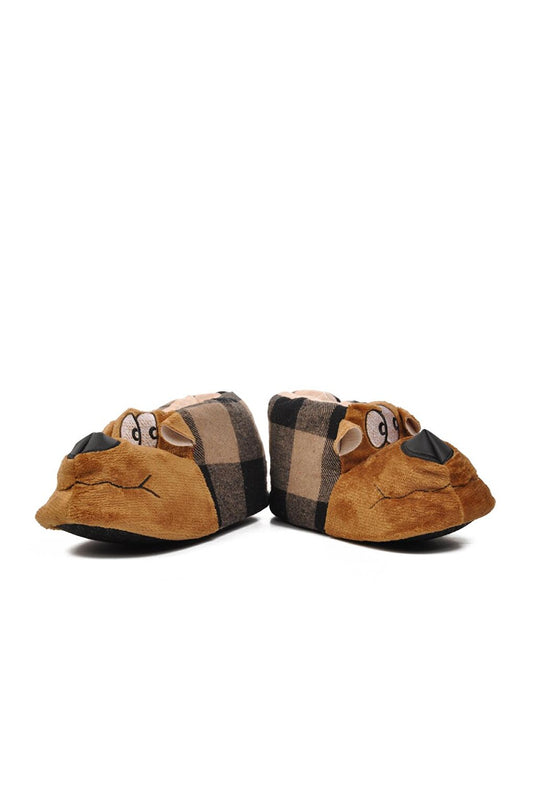 Brown-Black Men's Slippers with Teddy Bear