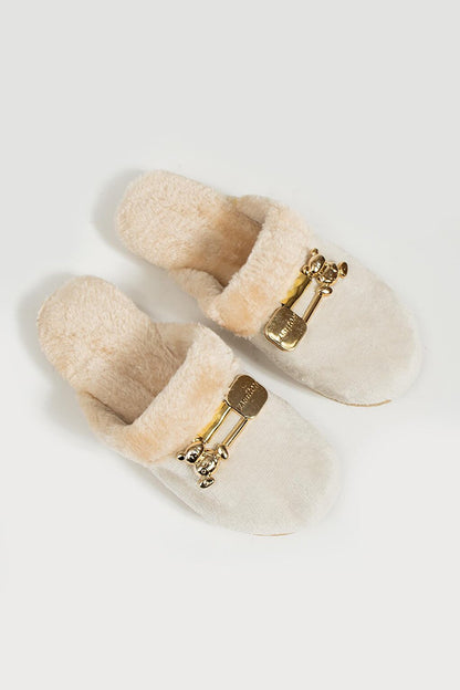 Fur Inside Silent Sole Buckle Detailed Women's Home Slippers P01-10-23