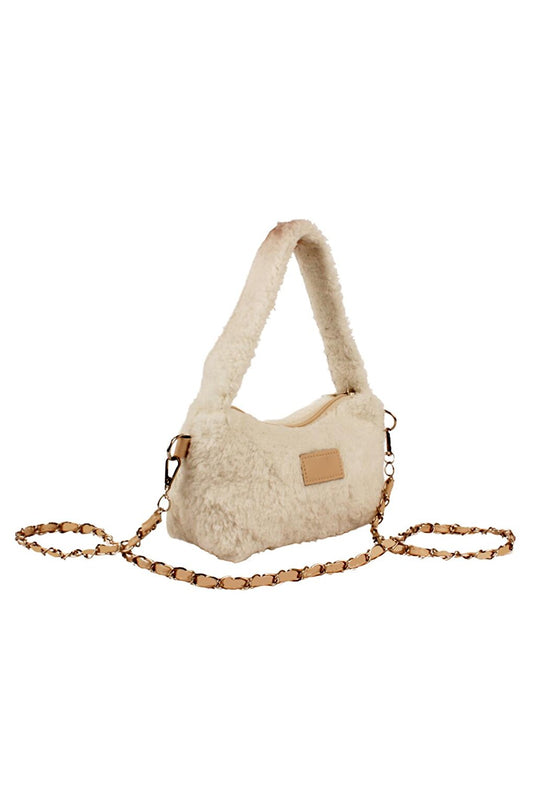 Women's Plush Furry Leather Chain Mesh Shoulder Strap Puufi Shabby Shabby Mini Baguette Hand and Shoulder Bag (20784)