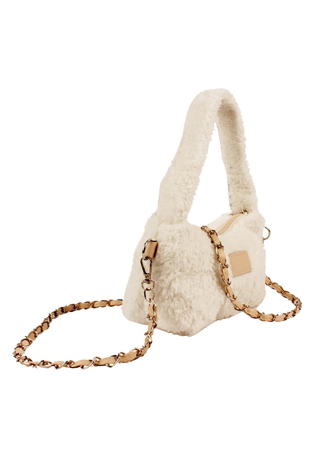 Women's Plush Furry Leather Chain Mesh Shoulder Strap Puufi Shabby Shabby Mini Baguette Hand and Shoulder Bag (20784)