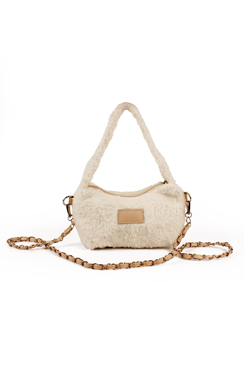 Women's Plush Furry Leather Chain Mesh Shoulder Strap Puufi Shabby Shabby Mini Baguette Hand and Shoulder Bag (20784)