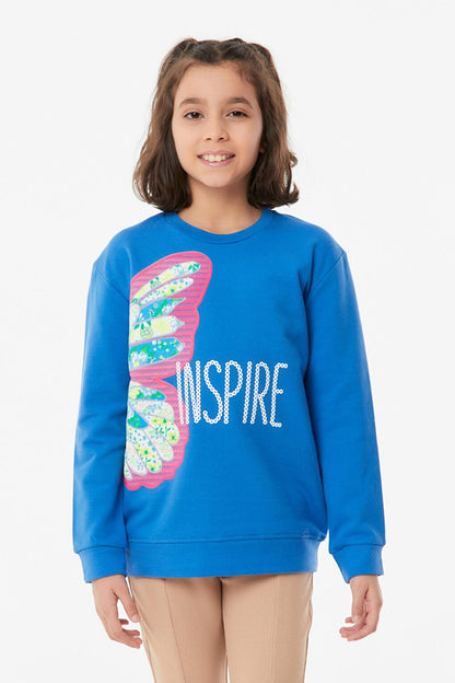 Butterfly Printed Crew Neck Girl's Sweatshirt