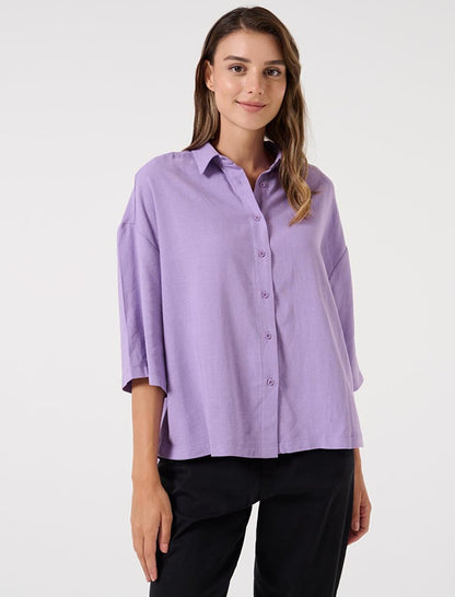 Lilac Loose Cut Three Quarter Sleeve Linen Shirt