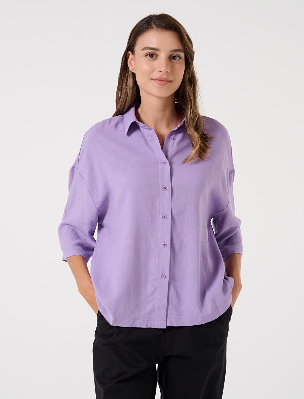 Lilac Loose Cut Three Quarter Sleeve Linen Shirt